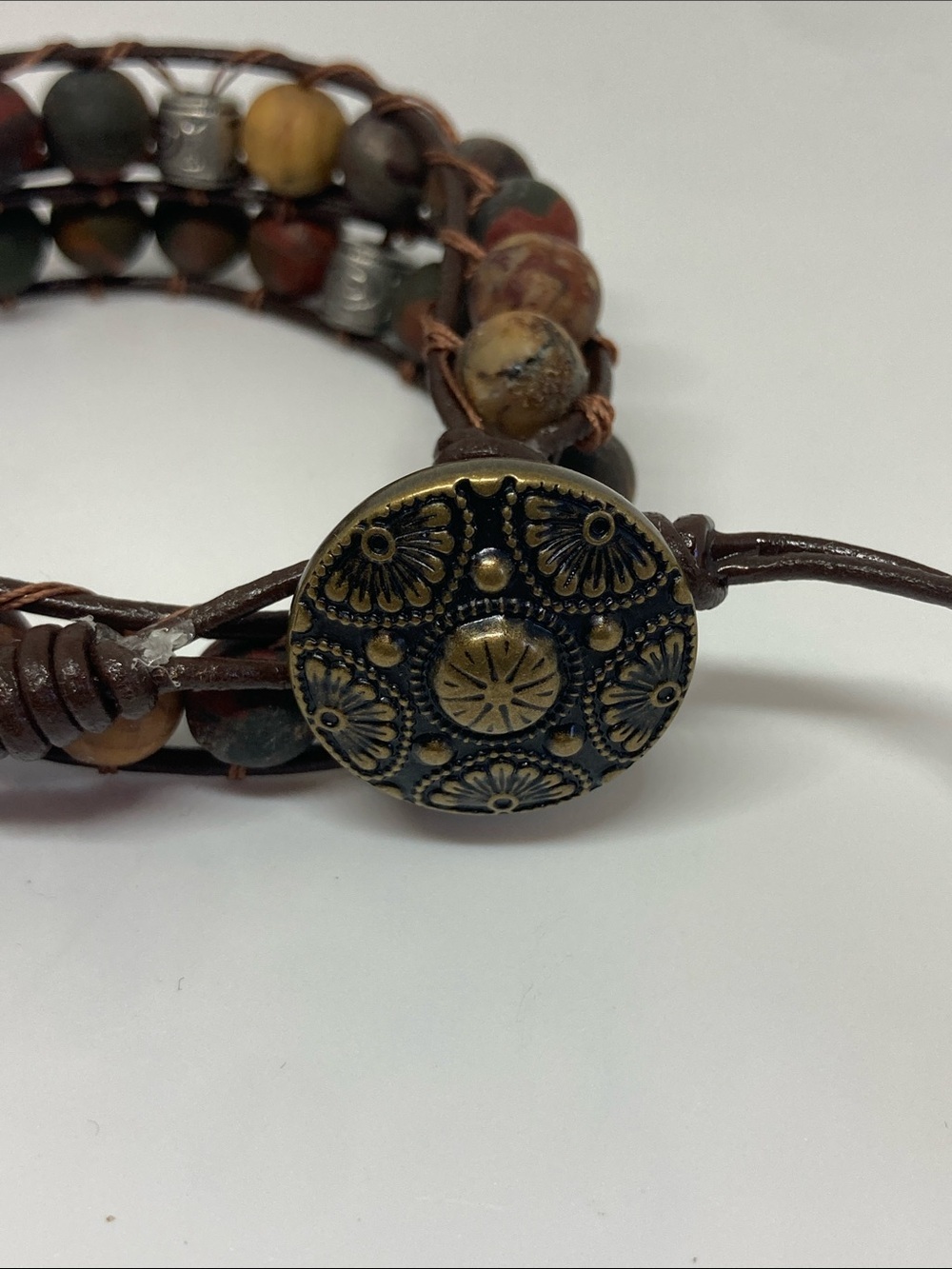 Handmade Multicolor Beaded Wrap Bracelet with Antique Button Closure - Picture 4 of 4